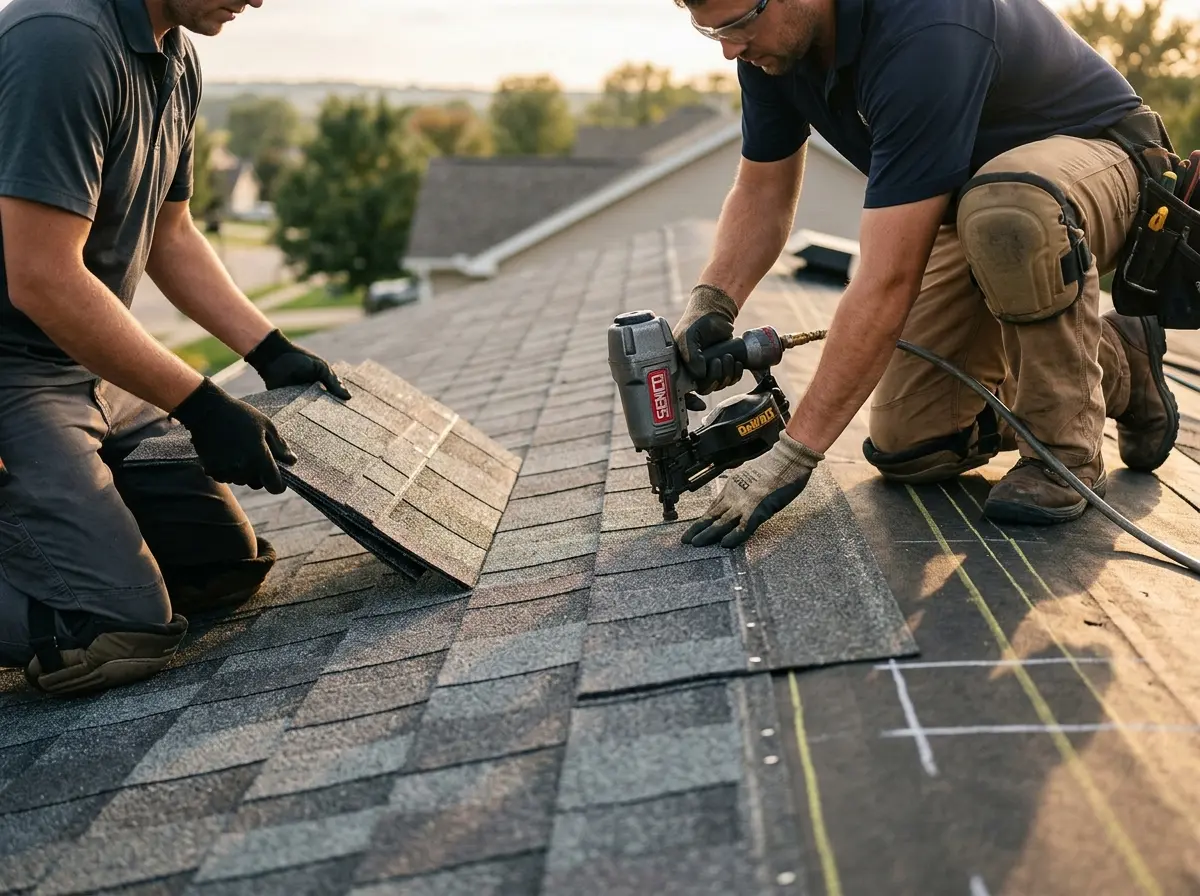 Professional roofer working on a residential roof in Calverton